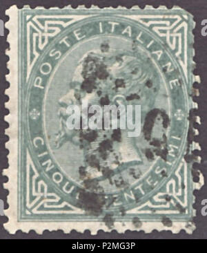 . Cachet du Royaume d'Italie ; 1863 ; timbre avec portrait du roi Victor Emmanuel II d'Italie en date cachet ovale ; Stamp : Michel : n° 16 ; référence Yvert et Tellier : n° 14 Couleur : olive grisâtre à gris ardoise Filigrane : italie n° 1 (couronne) Valeur nominale : 5 Centesimi validité d'affranchissement : à partir du 1er décembre 1863 jusqu'au 31 décembre 1889 Stamp taille image (zone imprimée) : 19,0 x 22,0 mm . 1 décembre 1863 (premier numéro jour du timbre). Poste del Regno d'Italia (poster du gouvernement de l'Italie) 41 ITA 1863 MiNr0016 pm B002 Banque D'Images
