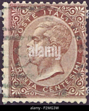 . Cachet du Royaume d'Italie ; 1863 ; timbre avec portrait du roi Victor Emmanuel II d'Italie en date cachet ovale ; Stamp : Michel : n° 19 ; référence Yvert et Tellier : n° 18 Couleur : brun foncé à brun rouge Filigrane : italie n° 1 (couronne) Valeur nominale : 30 Centesimi validité d'affranchissement : à partir du 1er décembre 1863 jusqu'au 31 décembre 1899 Stamp taille image (zone imprimée) : 19,0 x 22,0 mm . 1 décembre 1863 (premier numéro jour du timbre). Poste del Regno d'Italia (poster du gouvernement de l'Italie) 41 ITA 1863 MiNr0019 pm B002 Banque D'Images