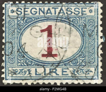 . Cachet du Royaume d'Italie ; 1890 ; port dû, stamp ( = 'egnatasse') de la question 'nombre' ; ovale allongé dans le cachet stamp timbre en 1904 : Michel : n° P18 ; référence Yvert et Tellier : n° T13 ou S12 ; Scott : No J13 Couleur : bleu / rouge lilas foncé Filigrane : italie n° 1 (couronne) Valeur nominale : 1 Cri ('Lire', ?) : à partir de la validité d'affranchissement jusqu'à 1890 ? Stamp taille image (zone imprimée) : 22,5 x 18,5 mm . 1890 (premier numéro de l'horodateur) 31 mai 1904 (date du cachet). Poste del Regno d'Italia (poster du gouvernement de l'Italie) 42 ITA 1890 MiNr0P018 pm B002a Banque D'Images