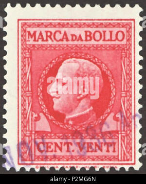 . Cachet du Royaume d'Italie ; 1930 ; timbre fiscal (Italien : 'Marco da Bollo') de l'émission 'le roi Vittorio Emanuele III en cercle avec vue de gauche' ; dessin encadrée d'une effigie du roi Victor Emmanuel III d'Italie avec vue à droite dans un cercle orné d'entre deux symboles "fascio" que latérale photo ornements ; valeur nominale écrit en lettres (pas en nombre) ; l'exercice général stamp applicalble pour tous les types d'impôts ; stamp oblitérée en 1936 Stamp : Unificato MB 108 couleur : rouge Filigrane : italie n° 1 (couronne) Valeur nominale : 20 Centesimi ('100. Valdity-VENTI') : à partir de 1930 jusqu'au 18 Ju Banque D'Images
