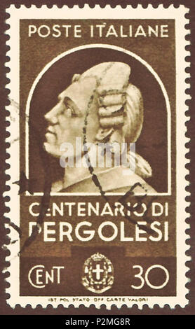 . Cachet du Royaume d'Italie ; 1937 ; timbre commémoratif de la question italienne célèbre 'Personnes' ; portrait encadré de Giovanni Battista Pergolesi, oblitérée Timbre : Michel : no 594 ; Yvert & Tellier : no 409 ; Scott : n° 390 couleur : filigrane sépia : italie n° 1 (couronne) Valeur nominale : 30 100. (Centesimi) Validité : envoi du 25 octobre 1937 jusqu'au 30 septembre 1938 Stamp taille image (zone imprimée sans ligne de noms ci-dessous) : 20,5 x 37,0 mm . 25 octobre 1937 (premier numéro le jour de timbre). Poste del Regno d'Italia (poster du gouvernement de l'Italie) 42 ITA 1937 MiNr0594 pm B002a Banque D'Images