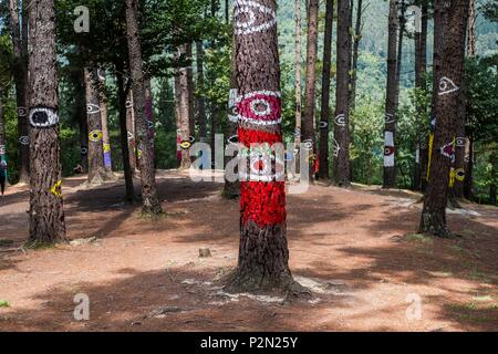 Espagne, Pays Basque, Kortezubi, la forêt d'Oma, créé en 1984 par le sculpteur et peintre Agustín Ibarrola (Bilbao), est un espace magique où l'art devient partie intégrante de la nature, l'artiste a laissé des traces sur les arbres et les pierres d'établir un lien entre le travail des artistes et celle de Paléolithique artistes moderne dédié à l'art des terres Banque D'Images