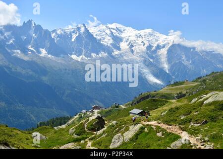 France, Haute Savoie, Chamonix Mont Blanc, randonnée pédestre vers le lac Blanc (White Lake) (2352m) dans la réserve naturelle nationale des Aiguilles Rouges (réserve naturelle des Aiguilles Rouges) avec vue sur le Mont Blanc et le Mont Blanc (4810m) Banque D'Images