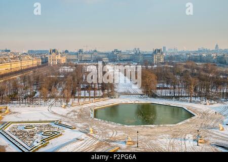 France, Paris, région classée au Patrimoine Mondial de l'UNESCO, le jardin des Tuileries et du musée du Louvre, de neige le 07/02/2018 (vue aérienne) Banque D'Images