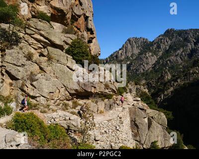 France, Haute-Corse (2B), Corte, les touristes sur le chemin le long des Gorges du Tavignano qui mène à la passerelle. Rossolinu Banque D'Images