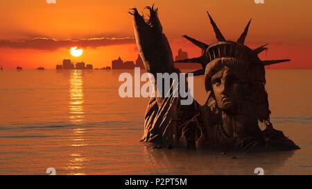 Le réchauffement climatique, l'illustration conceptuelle. Statue de la liberté, New York, USA, inondée et en ruines, dans un avenir possible. C'est montrant une montée du niveau de la mer due au réchauffement climatique. Le réchauffement climatique est l'augmentation de température moyenne de l'atmosphère de la Terre et des océans. La fonte des glaces et des glaciers contribue à la hausse du niveau de la mer. Banque D'Images