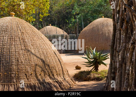 Dome traditionnelles maisons faites de paille et Reed, Mantenga Cultural Village, au Swaziland Banque D'Images