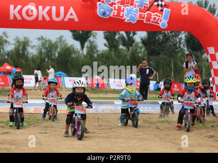Gu, Chine, province de Hebei. 16 Juin, 2018. Les enfants au cours d'une compétition de vélo équilibre concours à un parc en Gu'an, Chine du nord, dans la province du Hebei, le 16 juin 2018. Plus de 300 enfants de Beijing, Tianjin et Shanghai ont participé à l'activité le samedi. Congshuo Crédit : Hommes/Xinhua/Alamy Live News Banque D'Images