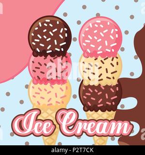 Ice cream cones avec trois boules chocolat vanille points et l'arrière-plan de fusion vector illustration Illustration de Vecteur