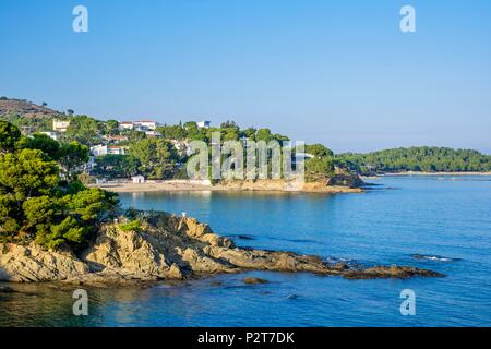 L'Espagne, la Catalogne, la randonnée de Cerbère en France à Llanca en Espagne sur le GR 92 et longue distance européen E 12, chemin, plage de Grifeu Llanca Banque D'Images