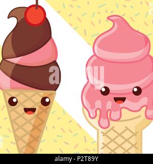 Scream ciem rayé kawaii passion fruit contexte deux cônes mignon fraise fondue chocolat cerise vector illustration Illustration de Vecteur
