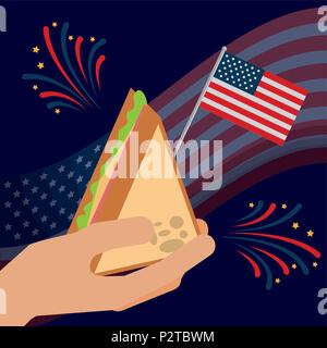 Le jour de l'indépendance américaine alimentaire usa flag background main tenant d'artifice sandwich vector illustration Illustration de Vecteur