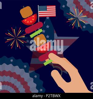 Le jour de l'indépendance américaine alimentaire hand holding kebab usa flag fanions d'artifice vector illustration Illustration de Vecteur
