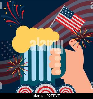 Le jour de l'indépendance américaine alimentaire vague usa flag background hand holding beer couleurs fireworks fanions vector illustration Illustration de Vecteur