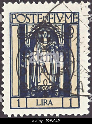 . Cachet de Fiume ; 1924 ; timbre définitif après l'annexion de Fiume (Rijeka) au Royaume d'Italie en février 1924 ; stamp de Fiume à partir de 1923 avec la surimpression ; tracé rectangle encadré de Saint Veit (aussi : 'St.vid') - le saint patron de la ville de Rijeka ; surimpression de la taper 'REGNO / D' ITALIA' ( = 'Royaume de France') en cercle décoré avec le blason du Royaume d'Italie ; le cachet Stamp : Michel : n° 190 ( = No 162 à partir de 1923 avec la surimpression) Couleur : deux-couleurs ; bleu foncé sur beige mat ; underpress filigrane surimpression du noir : aucune valeur nominale : 1 : à partir de la validité d'Affranchissement Cri 22 févr. Banque D'Images