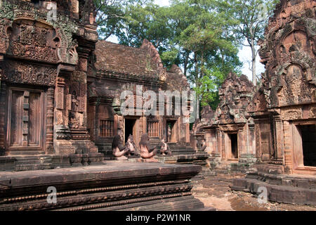 Angkor Cambodge, singe et tuteurs lion assis à l'entrée du sanctuaire à la 10e siècle temple de Banteay Srei Banque D'Images