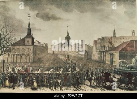 REGRESO TRIUNFAL DE LA REINA MARIA CRISTINA DE BORBON UN 23/3/1844 MADRID - LITOGRAFIA DEL SIGLO XIX DE BODIN. Auteur : MARCHI. Lieu : MUSÉE DE L'HISTOIRE-GRABADOS COLOREADOS, ESPAGNE. Banque D'Images