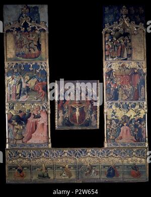 Retable DE LA LEYENDA DE SAN MIGUEL - HACIA 1440 - TEMPLE/TABLA - 344 x 160 cm - NP 1332 - GOTICO ESPAÑOL. Auteur : Maître de Arguis (Xvème siècle). Emplacement : Museo del Prado-PINTURA, MADRID, ESPAGNE. Banque D'Images