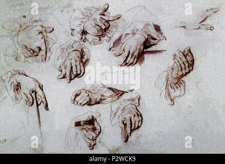 Les dessins de Manos. Auteur : Jean Antoine Watteau (1684-1721). Lieu : Musée Condé, Chantilly, France. Banque D'Images