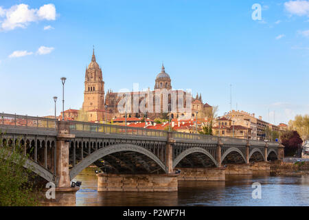 Vue sur la nouvelle cathédrale de la rive de la rivière Tormes, Salamanque, Castille et Leon, Espagne. Banque D'Images