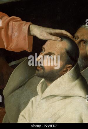 École d'espagnol. Madonna des grottes (détail du Saint). Virgen de las Cuevas. Séville, musée des Beaux-Arts. Auteur : Francisco de Zurbaran (ch. 1598-1664). Emplacement : MUSEO DE BELLAS ARTES-CONVENTO DE LA MERCED CALZAD, Sevilla, Séville, ESPAGNE. Banque D'Images