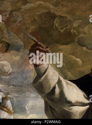 APOTEOSIS DE SANTO TOMAS DE AQUINO - DETALLE DE LA MANO DEL SANTO CON UNA PLUMA - siglo XVII - BARROCO ESPAÑOL - CONJ (11729). Auteur : Francisco de Zurbaran (ch. 1598-1664). Emplacement : MUSEO DE BELLAS ARTES-CONVENTO DE LA MERCED CALZAD, Sevilla, Séville, ESPAGNE. Banque D'Images