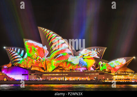 Sydney, Australie - 25 mai, 2018 : la ville de Sydney vue de l'Opéra de Sydney Harbor waterfront pendant light show annuel de la lumière et des idées à brig Banque D'Images