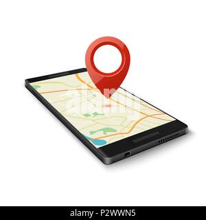 Smartphone noir avec application de navigation GPS avec carte pin point d'emplacement actuel isolé sur blanc. Vector illustration Illustration de Vecteur