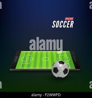 L'interface de l'application mobile pour les paris sportifs en ligne. Terrain de soccer vide sur l'écran du smartphone. Vector illustration sur fond sombre Illustration de Vecteur