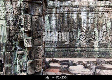 Angkor Cambodge, de sculptures de personnages assis sous des arbres à la 12e siècle Preah Khan temple Banque D'Images