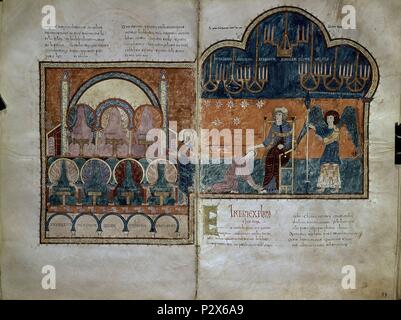 BEATO DE SAN SALVADOR DE TABARA, 975- COMENTARIOS AL APOCALIPSIS-. Mozarabe-andalou QUI COMPREND Auteur : Beatus de Liébana (ch. 730-c. 798). Emplacement : CATEDRAL-ARCHIVO salle capitulaire, Gérone, Espagne. Banque D'Images