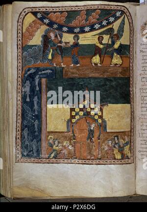 BEATO DE SAN SALVADOR DE TABARA - 975 - COMENTARIOS AL APOCALIPSIS, EL ANGEL PODEROSO COMER HACE EL LIBRO UN JUAN Y  : MIDE EL TEMPLO -. Mozarabe-andalou QUI COMPREND Auteur : Beatus de Liébana (ch. 730-c. 798). Emplacement : CATEDRAL-ARCHIVO salle capitulaire, Gérone, Espagne. Banque D'Images