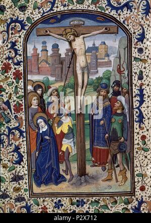 LIBRO DE HORAS DE LEONOR DE LA VEGA - CRUCIFIXION - MANUSCRITO FLAMENCO - 1465-1470. Auteur : Willem Vrelant (d. c. 1481). Emplacement : BIBLIOTECA NACIONAL-COLECCION, MADRID, ESPAGNE. Banque D'Images