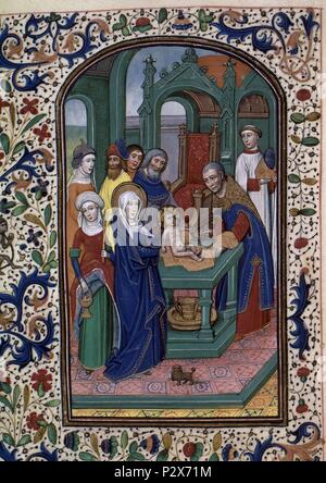 LIBRO DE HORAS DE LEONOR DE LA VEGA- PRESENTACION EN EL TEMPLO - MANUSCRITO FLAMENCO - 1465-1470. Auteur : Willem Vrelant (d. c. 1481). Emplacement : BIBLIOTECA NACIONAL-COLECCION, MADRID, ESPAGNE. Banque D'Images