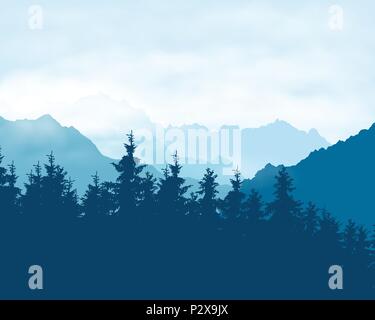 Illustration réaliste d'une forêt de conifères dans un paysage de montagne dans une brume sous un ciel bleu avec des nuages - vector Illustration de Vecteur