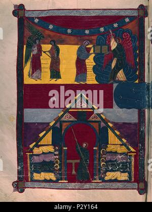 COMENTARIOS AL APOCALIPSIS S XI, EL ANGEL PODEROSO COMER HACE EL LIBRO UN JUAN Y ESTE MIDE EL TEMPLO. Auteur : Beatus de Liébana (ch. 730-c. 798). Emplacement : BIBLIOTECA NACIONAL-COLECCION, MADRID, ESPAGNE. Banque D'Images