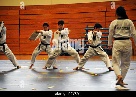 L'équipe de démonstration de Taekwondo Kukkiwon a pratiqué des arts martiaux traditionnels au Presidio of Monterey Price Fitness Center le 3 août, organisé par l'école coréenne de l'Institut de langue de Défense. L'équipe a exposé des formes, des techniques et des démonstrations de rupture de tableau, puis a engagé les étudiants en répondant à des questions en coréen. Kukkiwon, reconnu comme le siège mondial du Taekwondo, représente les arts martiaux coréens à l’échelle internationale depuis 40 ans, visitant plus de 120 pays en tant qu’ambassadeurs promouvant la discipline, les compétences et le patrimoine. Banque D'Images