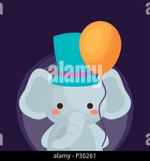 La conception du cirque carnaval avec l'éléphant mignon avec top hat et ballon sur fond violet, design coloré. vector illustration