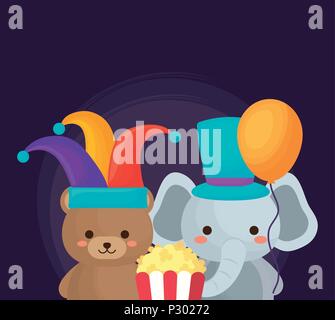 La conception du cirque carnaval avec mignon et éléphant ours avec pop corn sur fond violet, design coloré. vector illustration