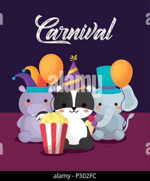 Carnival circus design avec des animaux marrants avec pop corn et des ballons sur fond violet, design coloré. vector illustration