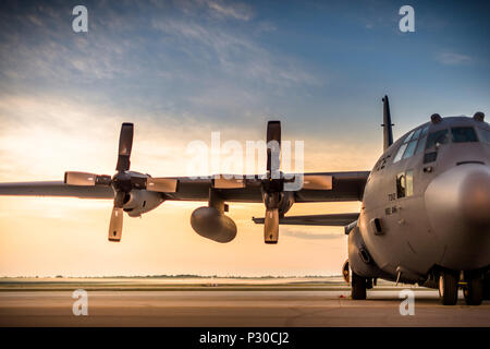 C-130 Hercules de la 120e Airlift Wing, Great Falls, au Montana, 182d Airlift Wing, Peoria, Illinois, 165e Airlift Wing, Savannah, Géorgie, et A-10 Thunderbolt II à partir de la 127e Escadre, Selfridge, Mich., les avions sont stationnés sur la piste pendant le lever du soleil en préparation pour les jours missions, 11 août 2016, à Alpena préparation au combat au Centre, Alpena, Michigan, pendant la grève du Nord 2016. 16 Northern Strike est un bureau de la Garde nationale de l'exercice de l'Union environ 5 000 Armée, Aviation, Marine, Forces spéciales et les membres en service de 20 membres et de trois pays de la coalition au cours de la première t Banque D'Images