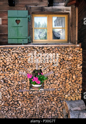 Bois de chauffage fendu et fraîchement coupé est habilement empilés autour d'une plante en pot à fleurs roses à l'extérieur d'une ferme rustique dans l'Oberland bernois, la pittoresque région des hautes en Suisse qui attire les randonneurs et les skieurs à ses villages alpins que inclus Grindelwald, Grindelwald, Wengen et Mürren. Les poêles à bois ont été longtemps courante dans de nombreuses maisons, mais on craint que la pollution de la fumée de bois peut être malsain et ferait obstacle à la vue panoramique des stations suisses. Banque D'Images