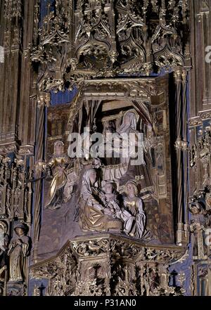 Retable DE LA CAPILLA DE LA CONCEPCION Y STA ANA - GOTICO TARDIO - DETALLE DE LA PRESENTACION. Auteur : Gil de Siloé (ch. 1440-1501). Emplacement : CATEDRAL-intérieur, Burgos, Espagne. Banque D'Images