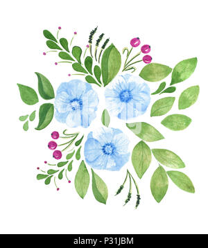 Aquarelle fleurs peintes à la main avec des feuilles vertes isolé sur blanc motif. Banque D'Images