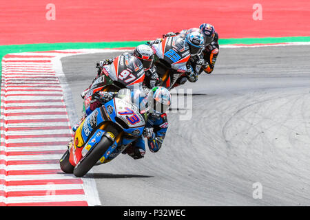 ALEX MARQUEZ (73) de l'Espagne, XAVI VIERGE (97) de l'Espagne et MARCEL SCHROTTER (23) de l'Allemagne pendant la course Moto2 de la course du Grand Prix de Catalogne, au circuit de course de Barcelone Montmelo, près de Barcelone le 17 juin 2018 (Photo : Alvaro Sanchez) Banque D'Images