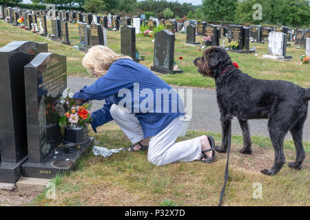 Warrington, Royaume-Uni, 17 juin 2018 - La Fête des pères - blonde mature dame se joint à beaucoup d'autres en plaçant des fleurs sur la tombe de leur défunt père. Fox Covert, Warrington, Cheshire, England, UK Crédit : John Hopkins/Alamy Live News Banque D'Images