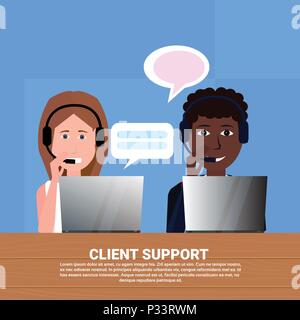 Mélanger divers course casque call center agent client assistance en ligne, l'opérateur de service clientèle et technique, l'icône de chat concept, design plat espace copie Illustration de Vecteur