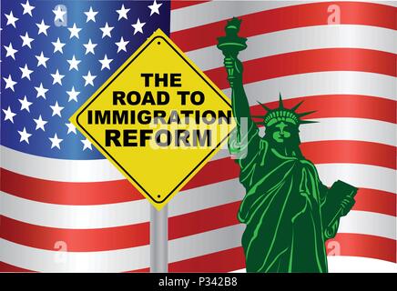 Route du gouvernement à la réforme de l'Immigration signe avec Statue de la liberté avec USA drapeau américain Illustration Illustration de Vecteur