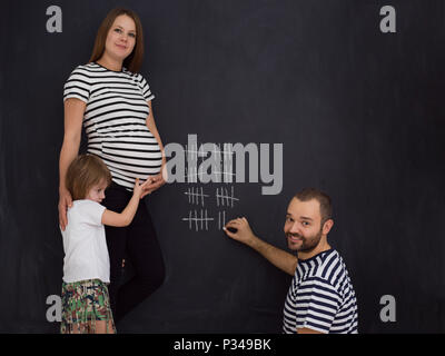 Deux jeunes femmes enceintes avec mignon comptes fille semaine de grossesse et en les écrivant à la craie sur tableau noir Banque D'Images