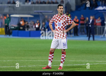 ZAGREB, CROATIE - 09 NOVEMBRE 2017 : European qualificatif pour la Coupe du Monde de la FIFA 2018 en Russie. La Croatie contre la Grèce. Nikola KALINIC (16) Banque D'Images